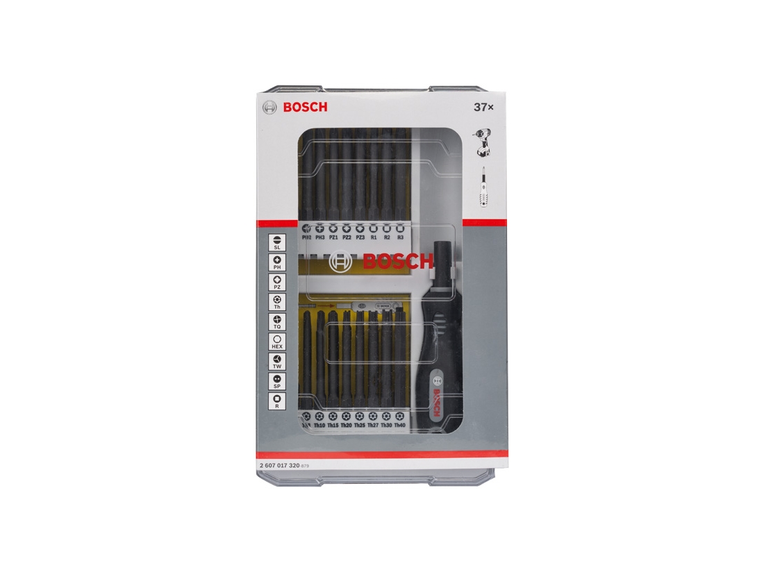 Bosch 37dílná sada šroubováků s rukojetí PH1-2-3; PZ1-2-3; SL5-6; TH8-11-15-20-25-27-30-40; TQ6-8-10; HEX2-2, 5-3-4-5-6; TW 1-2-3-4; SP 4-6-8-10; R1-2-3 PROFESSIONAL
